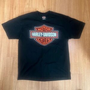 Harley-Davidson Black Tee with Orange and White Shield Graphic